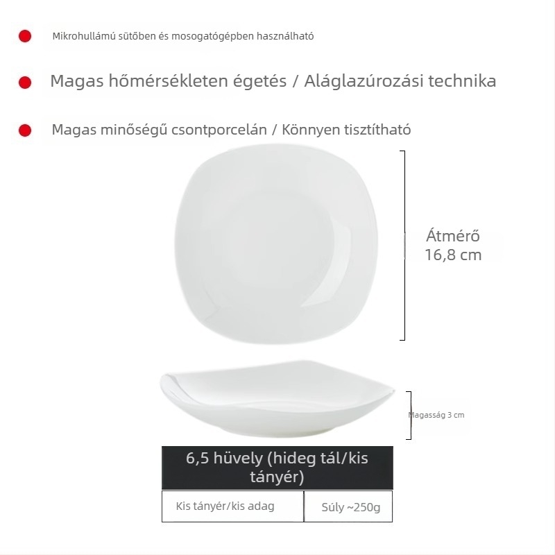 Yue Han csontporcelán tányérkészlet, négyszögletes, alulglazúros felület, egyszínű mintázat, mikrohullámú sütőben használható