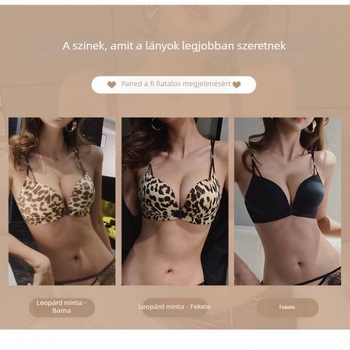 Leopárd mintás push-up melltartó szett nylonból, 3/4 kosár, habosított kosár, elülső zár, fix dupla vállpánt