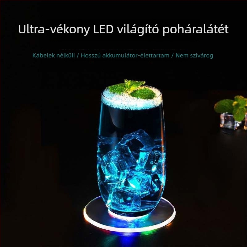 LED villogó poháralátét – csúszásmentes, átlátszó, PC anyag, kerek vagy négyszögletes, degradálható