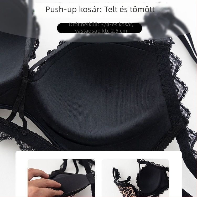 Leopárd mintás párnázott, vezeték nélküli push-up melltartó szett kivágott hátsó résszel