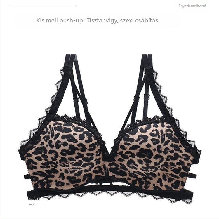 Leopárd mintás párnázott, vezeték nélküli push-up melltartó szett kivágott hátsó résszel
