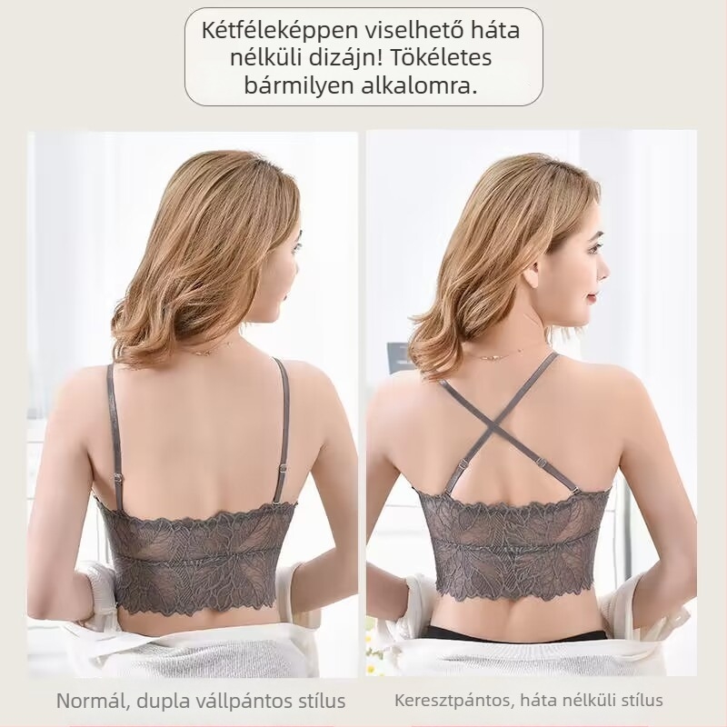 Csipkés pánt nélküli melltartó, párnázott, formázott kosaras kialakítással, francia hátdesign, minden évszakhoz ideális top