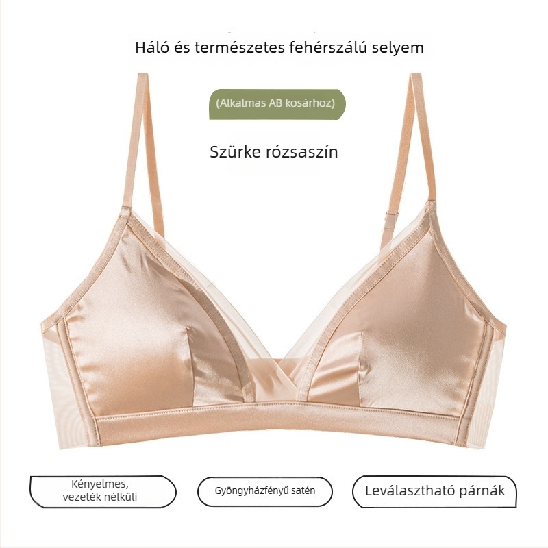 Dud-selyem lélegző, francia stílusú háromszögkosaras fehérnemű kis mellre, szatén fényes felület, vékony kivitel
