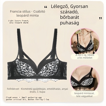 Leopárd mintás melltartó, 3/4 kosár, nylon anyag, hátul három sor kapocs, fix kettős vállpántok, gyűjtő és push-up, légáteresztő, állítható.