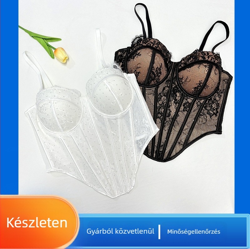 Slim-fit csipkés kristályos halcsontos camisoł, ultra rövid hossz, levehető vállpántok