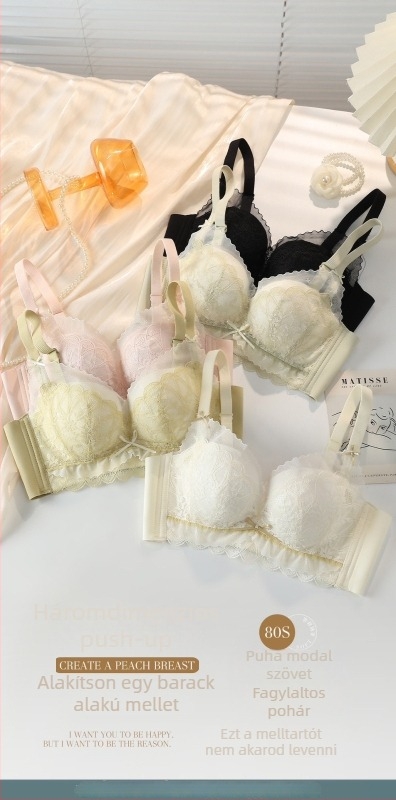 Dantelen push-up melltartó, 3/4 kosár, acélgyűrű nélküli, hímzett részletek, modal bélés