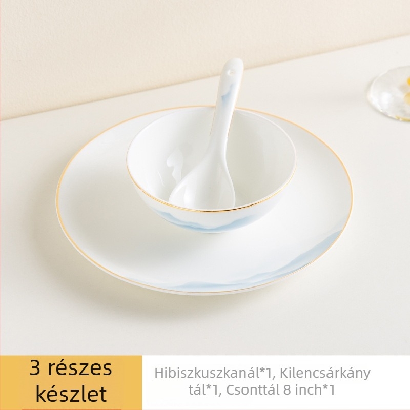 Csont porcelán étkészlet – tálak és tányérok, virágos mintázat, modern minimál stílus, kerek forma