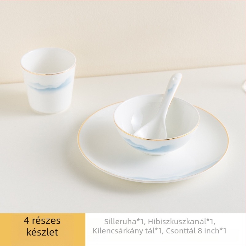 Csont porcelán étkészlet – tálak és tányérok, virágos mintázat, modern minimál stílus, kerek forma