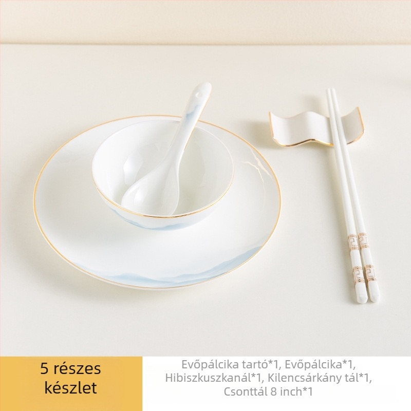 Csont porcelán étkészlet – tálak és tányérok, virágos mintázat, modern minimál stílus, kerek forma