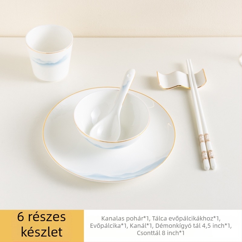 Csont porcelán étkészlet – tálak és tányérok, virágos mintázat, modern minimál stílus, kerek forma