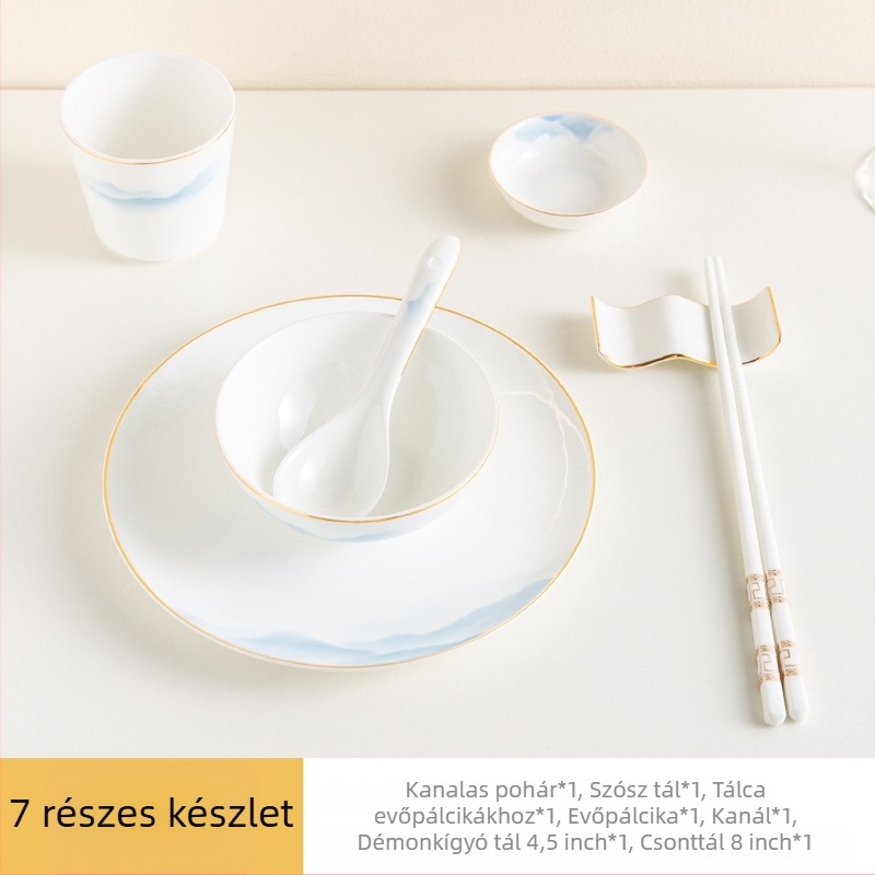 Csont porcelán étkészlet – tálak és tányérok, virágos mintázat, modern minimál stílus, kerek forma