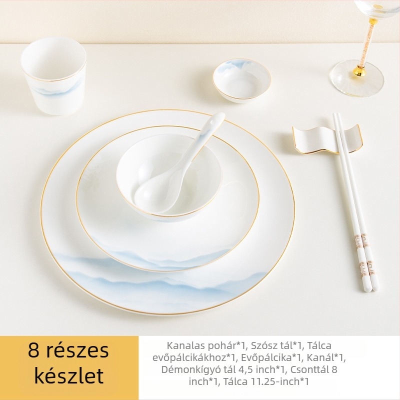 Csont porcelán étkészlet – tálak és tányérok, virágos mintázat, modern minimál stílus, kerek forma