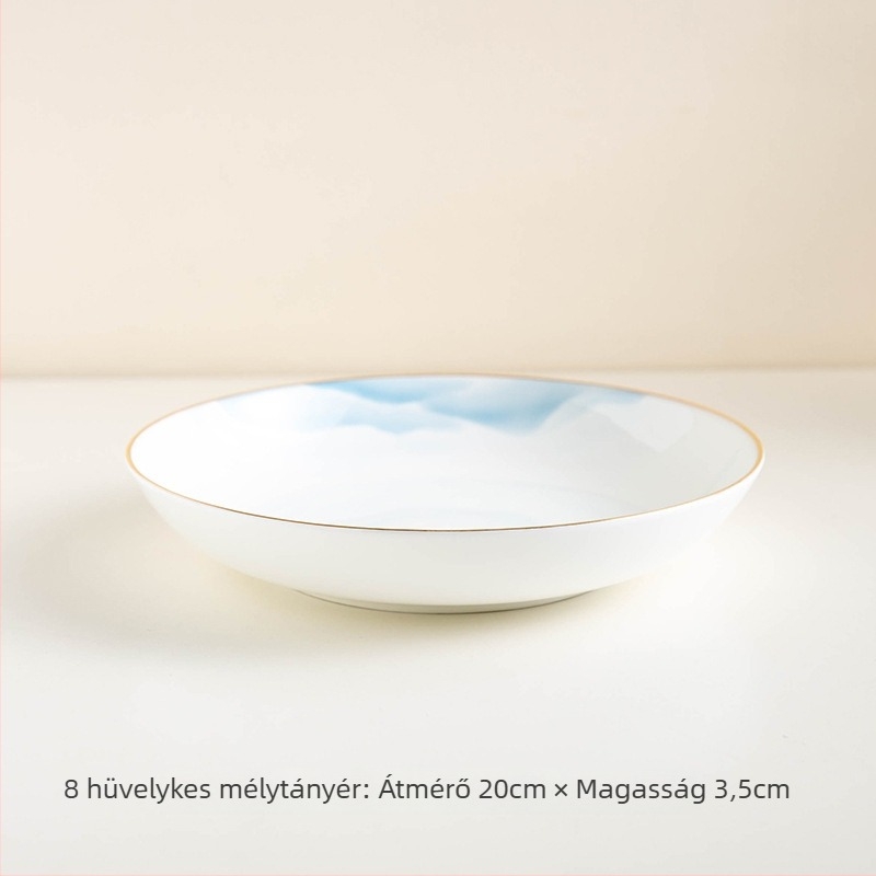 Csont porcelán étkészlet – tálak és tányérok, virágos mintázat, modern minimál stílus, kerek forma