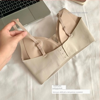 Drót nélküli melltartó háromszög kosarakkal, vékony moldkosár, nylon anyag, varrás nélküli, fix dupla pántok, hátoldali három sor horogzárás, emel és tart