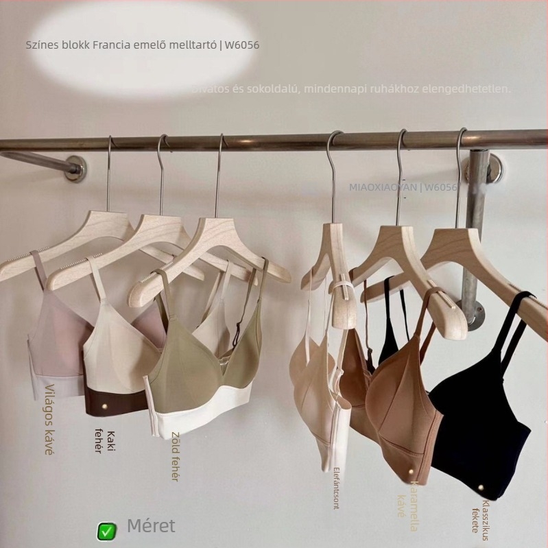 Drót nélküli melltartó háromszög kosarakkal, vékony moldkosár, nylon anyag, varrás nélküli, fix dupla pántok, hátoldali három sor horogzárás, emel és tart