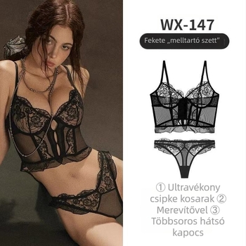 Csipkés merevítő corset szett, ultra vékony formázott kosarakkal, 3/4 kosár, rögzített vállpántok, hátoldali hat sor kapocs, szexi francia stílusú fehérnemű