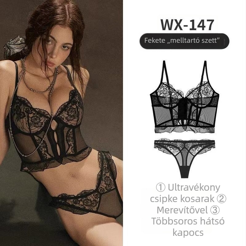 Csipkés merevítő corset szett, ultra vékony formázott kosarakkal, 3/4 kosár, rögzített vállpántok, hátoldali hat sor kapocs, szexi francia stílusú fehérnemű
