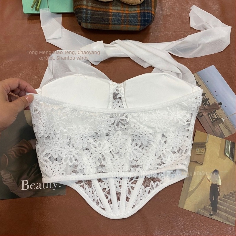 Csipkés halter camisol hálós anyaggal, 3/4 kosár, vékony formázott kosár, nylon bélés, fix dupla pántok, szép hátsó