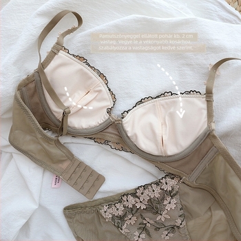 Francia stílusú csipkés hímzett melltartó készlet, 3/4 kosár, vékony formázó kosár, push-up hatás, rögzített dupla vállpánt, hátul három sor kapocs