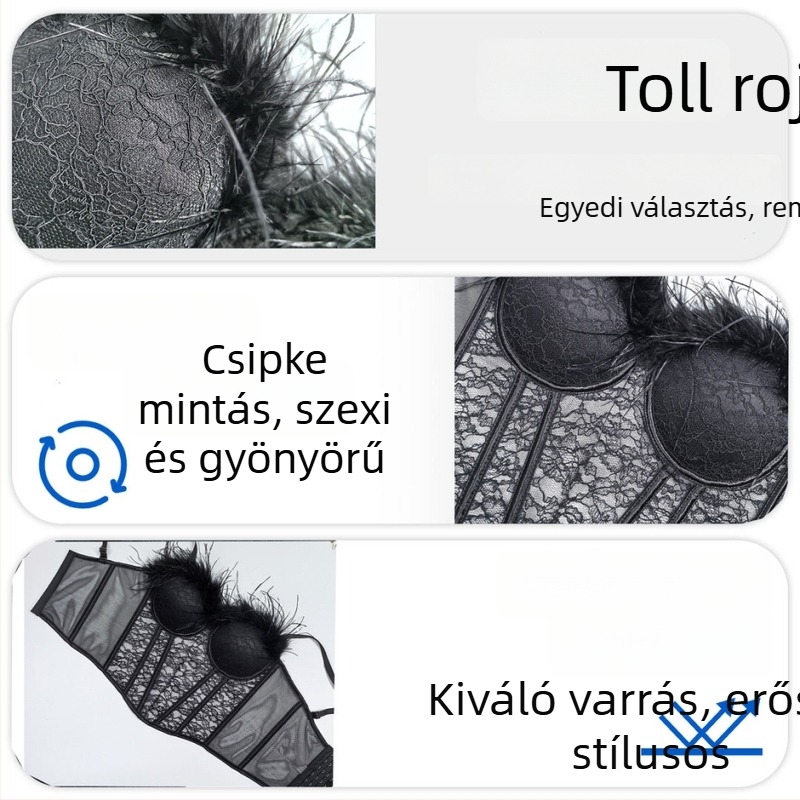 Csipkés tollas melltartó nyakpánttal, kivágott hátsó rész, rövid felső, karcsú fazon