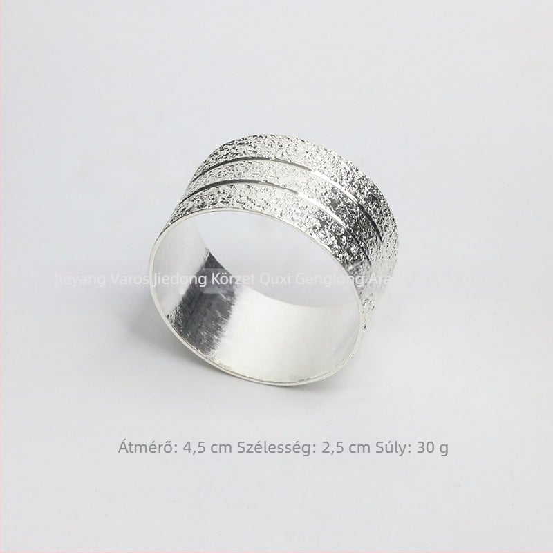 Szalvétagyűrű, virágos dupla vonal, csipkés dísz, réz alapanyag, elektroplatált felület, nyugati stílus