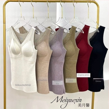 Meiyuexin 1305 Sima varrás nélküli termikus top nőknek, csipkével, fleece béléses, vastag, beépített melltartó párnákkal – alapréteg fehérnemű