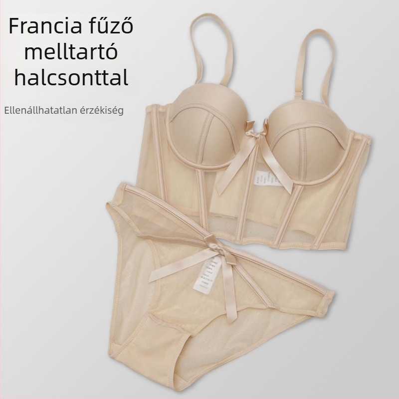 Francia stílusú halcsont melltartó, hálós alakító felsővel – női készlet