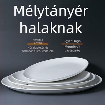 Tiszta fehér porcelán halas tál, sekély ovális forma, éttermeknek és szállodáknak, porcelán étkészlet