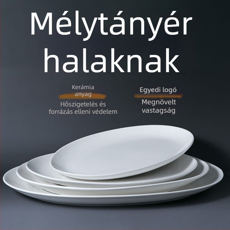 Tiszta fehér porcelán halas tál, sekély ovális forma, éttermeknek és szállodáknak, porcelán étkészlet