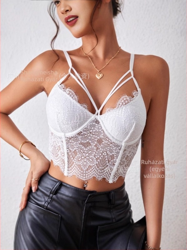 Csipkés kivágású top, sling stílus, ultra rövid hossz, geometriai minta, 95% poliészter és <30% gyapot