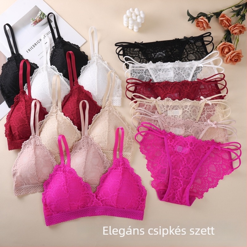 Csipkés melltartó és bugyiszett, 3/4 kosár, vékony formázott kosár, merev vállpántok, hátul dupla csat