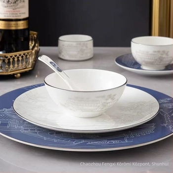 Szállodai asztali edénykészlet kerámia, új kínai stílus, csont porcelán több mint 45% tartalom, logó nyomtatás elérhető