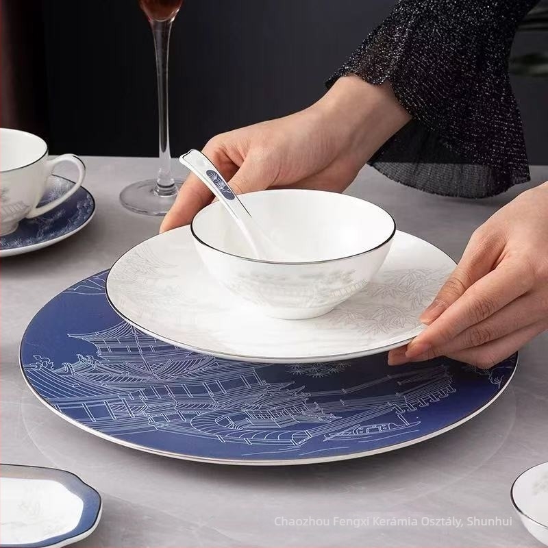 Szállodai asztali edénykészlet kerámia, új kínai stílus, csont porcelán több mint 45% tartalom, logó nyomtatás elérhető