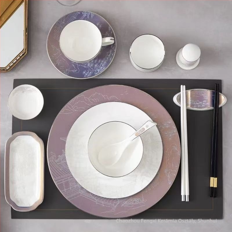 Szállodai asztali edénykészlet kerámia, új kínai stílus, csont porcelán több mint 45% tartalom, logó nyomtatás elérhető