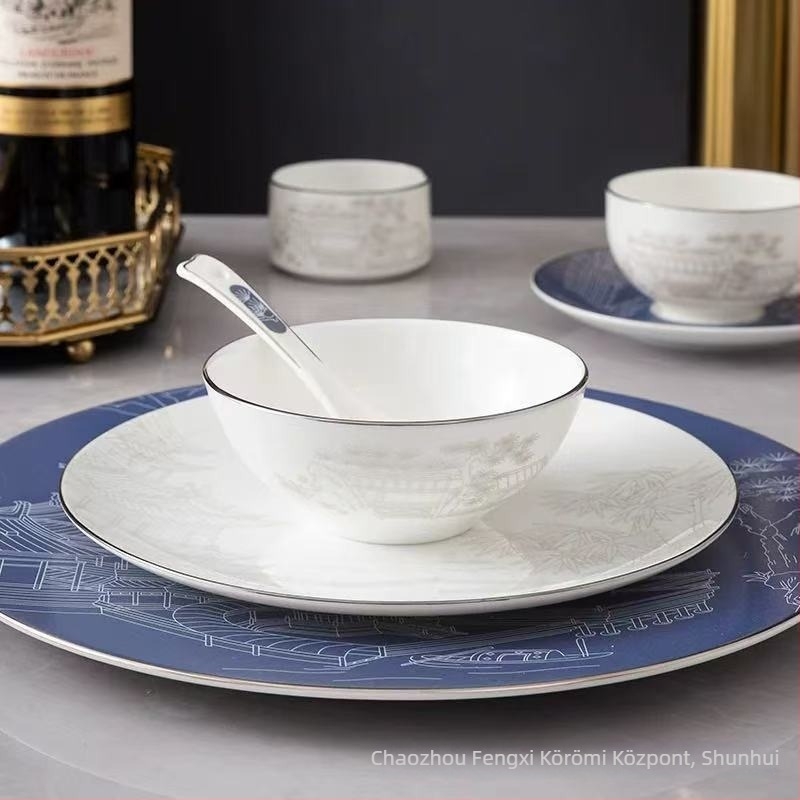 Szállodai asztali edénykészlet kerámia, új kínai stílus, csont porcelán több mint 45% tartalom, logó nyomtatás elérhető