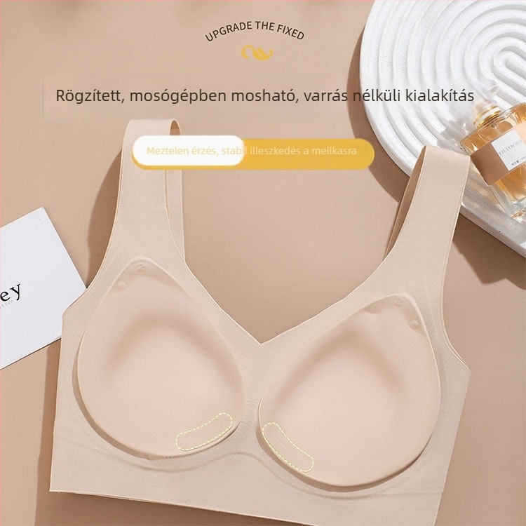 Varrás nélküli, fényes sportmelltartó-vest fix kosarakkal, kis méretű mellekhez, lágy tartás, emelés és szép hátsó vonal