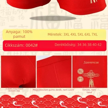 Ningzhou 0042 Férfi boxeralsó, 100% pamut, piros, plusz méret, szerencse jel az új évre