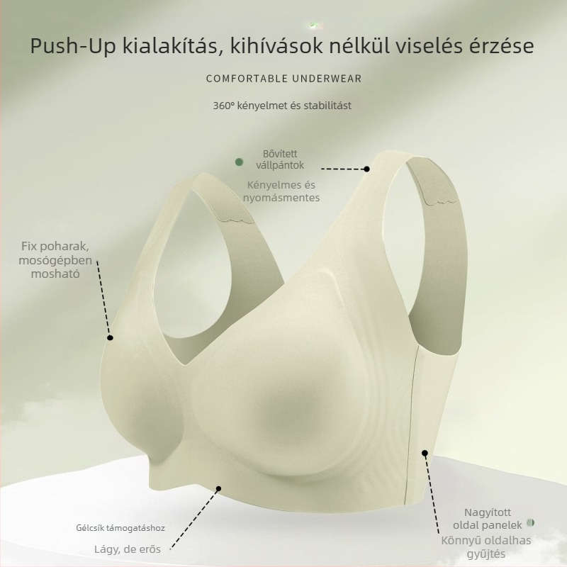 Vezeték nélküli, teljes kosaras melltartó, puha támasz, dupla vállpánt, oldalsó mellek összegyűjtése, formázott kosár vékony felső és vastag alsó rész, lélegző nylon