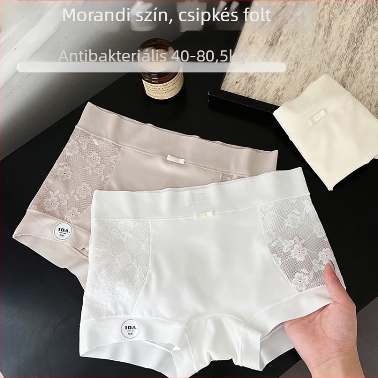 Női csipkés boxeralsó középmagasságú, lélegző és antibakteriális; Ice Silk anyag, Nylon 70–80% fő anyag, pamut belső bélés a zónában