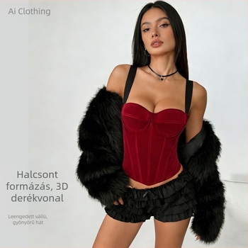 Bordó bársony halcsontos fűző, retró francia stílusú camiszol