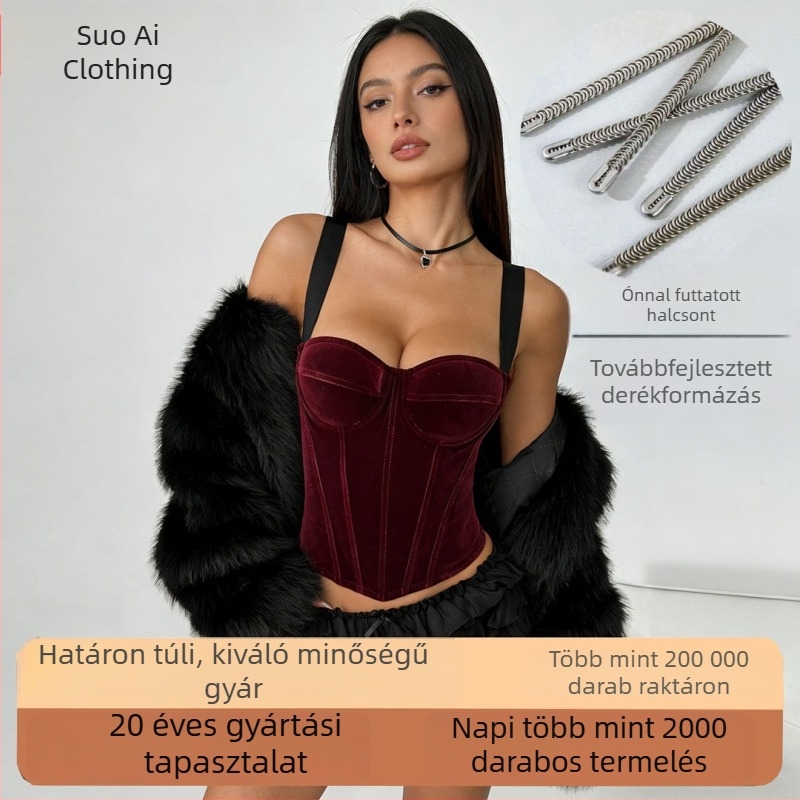 Bordó bársony halcsontos fűző, retró francia stílusú camiszol
