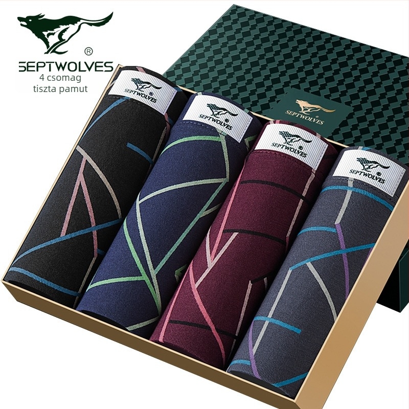 Septwolves férfi csíkos boxer, 100% pamut, légáteresztő, középmagas derekú, 4 darabos készlet