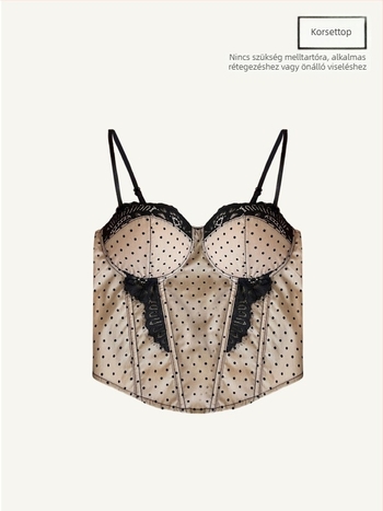 Csipkés cami-top halcsonttal, pöttyös mintával, A-sziluett rövid felső, 40–50 cm, anyag nylon és spandex
