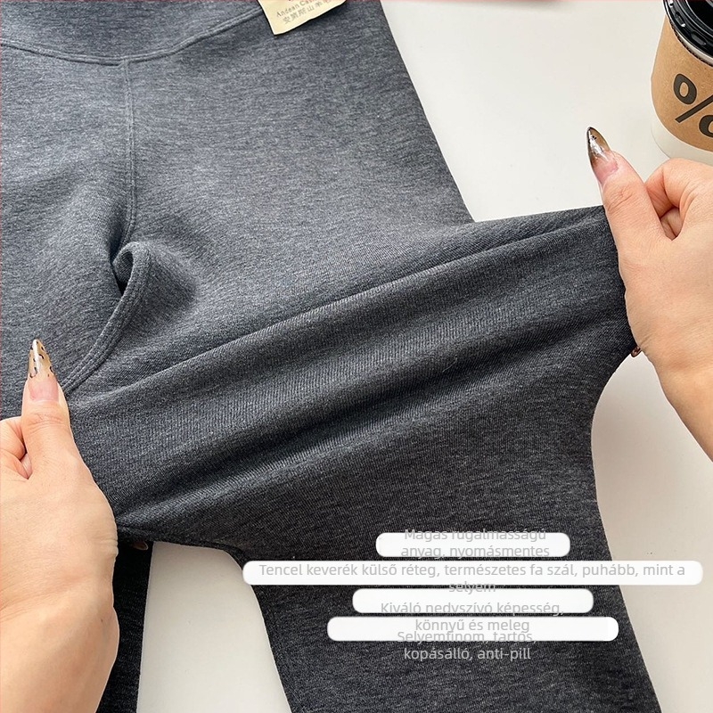 Női gyapjúból készült fleece-betétes leggings, magas derekú, vastag és meleg téli viselet, 3/4 hosszú, karcsúsító fazon