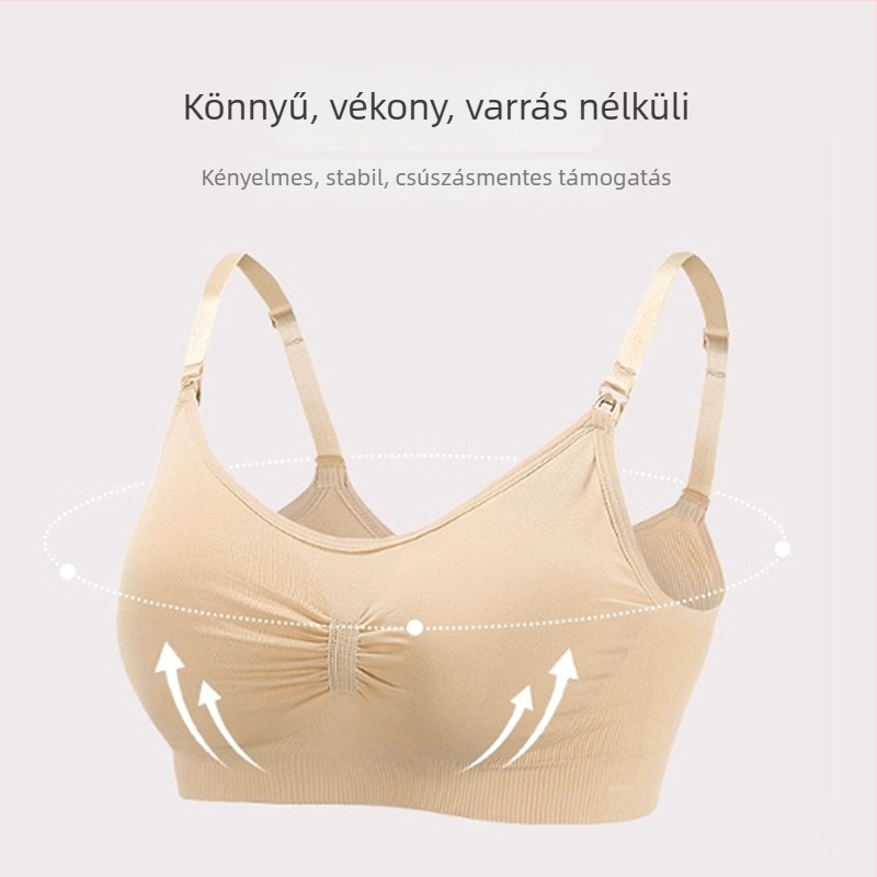 Anyasági és szoptatós melltartó, drót nélküli, hátsó zárással három sor kapoccsal, vékony formázott kosarakkal, varrat nélküli