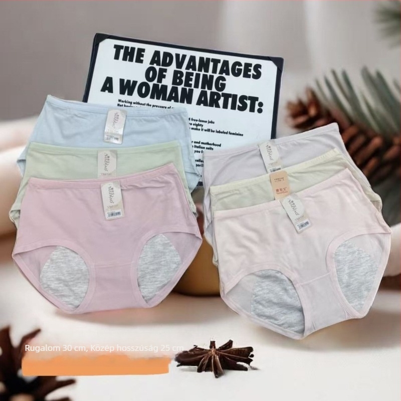 Női menstruációs fehérnemű, lélegző pamut anyag, 70–80% pamut, középmagas derekú, 100% pamut bélés, egyszerű szövés