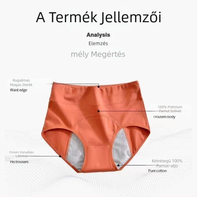 Női magas derekú menstruációs fehérnemű, szivárgásmentes, légáteresztő, pamut-selyem anyagú, ágyéki rész 95–100% pamut