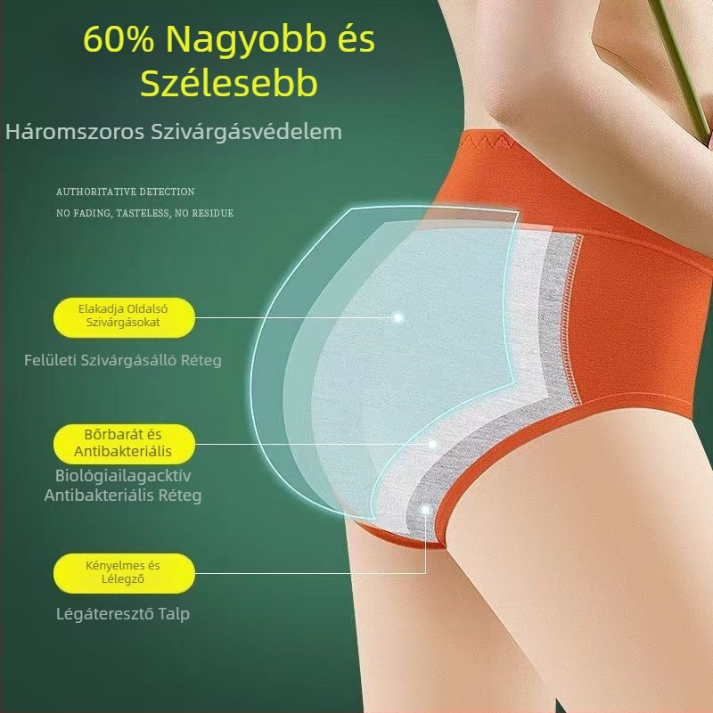 Női magas derekú menstruációs fehérnemű, szivárgásmentes, légáteresztő, pamut-selyem anyagú, ágyéki rész 95–100% pamut