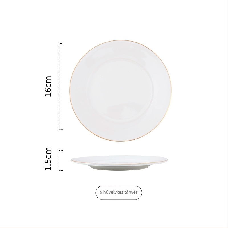 Arany keretes porcelán kör alakú lapos tányér tálaláshoz, egyszínű dizájn, mikrohullámú sütőben használható, logónyomás elérhető.