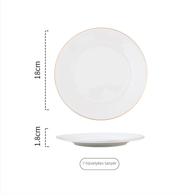 Arany keretes porcelán kör alakú lapos tányér tálaláshoz, egyszínű dizájn, mikrohullámú sütőben használható, logónyomás elérhető.